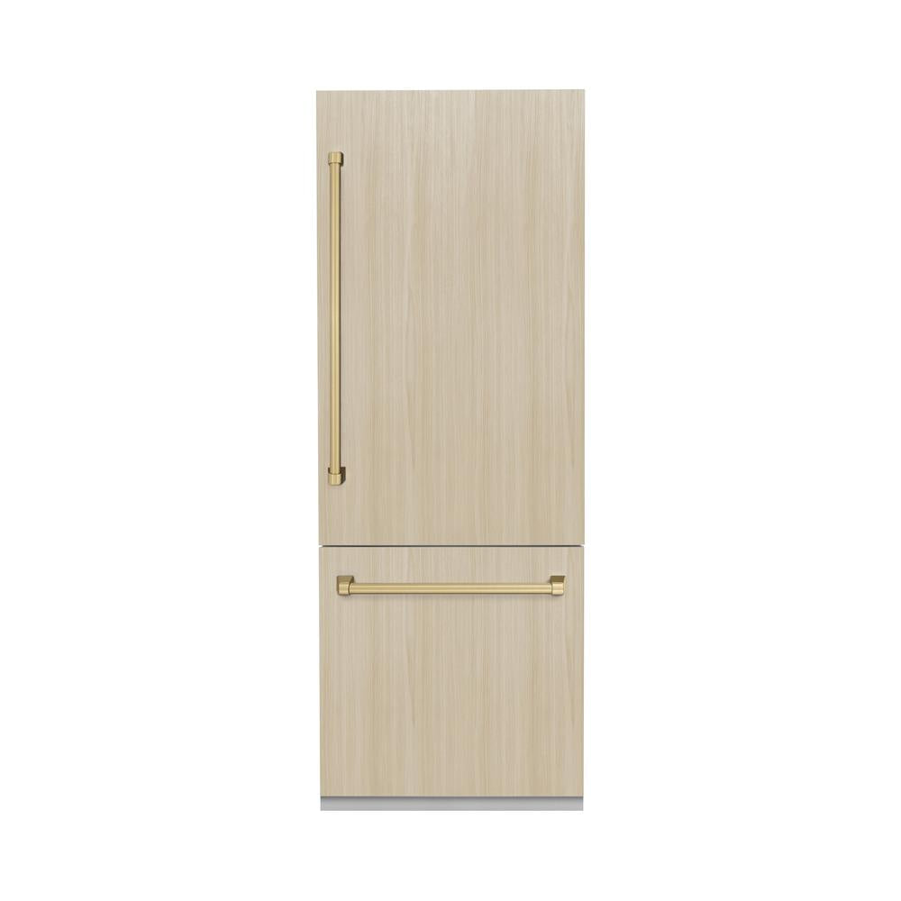 ZLINE Autograph Edition 30-inch refrigerator, panel ready with bright white interior and champagne bronze accents RBIVZ-30-CB, front view