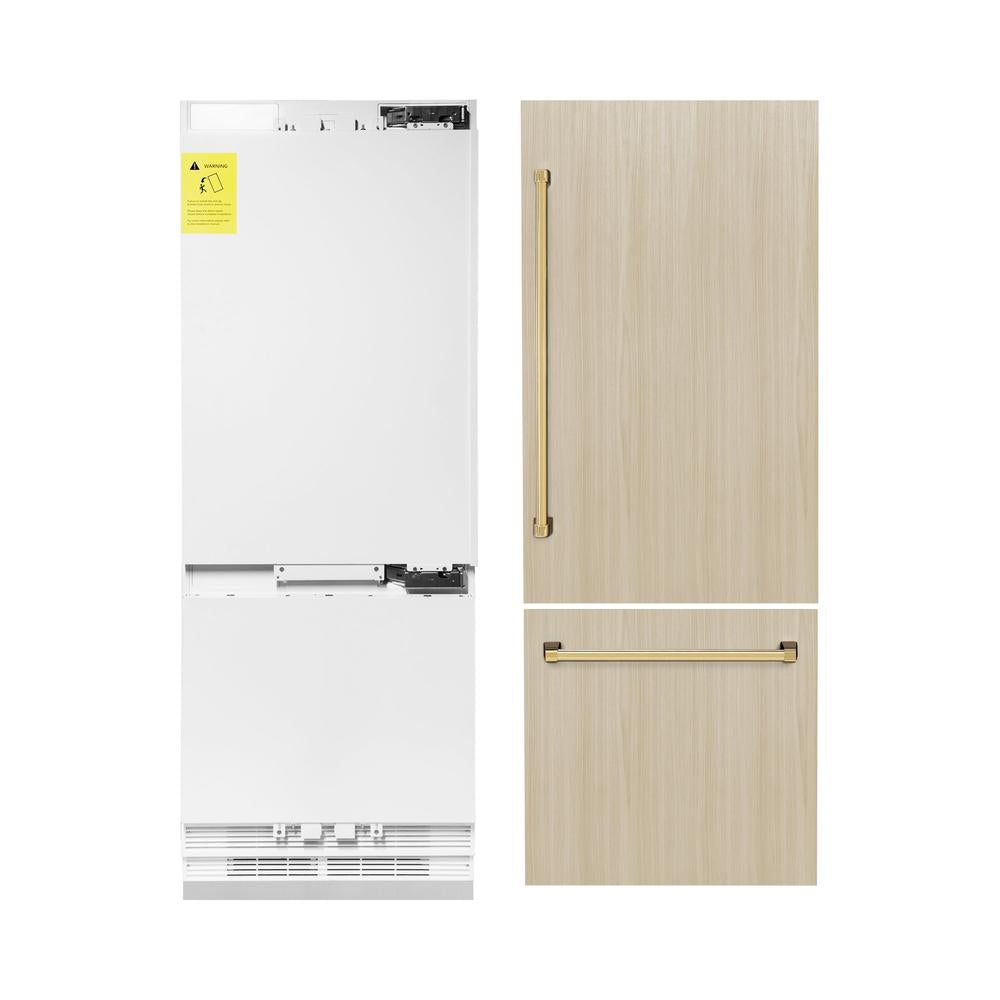ZLINE Autograph Edition 30-inch refrigerator, panel ready with bright white interior and polished gold accents RBIVZ-30-G, front view