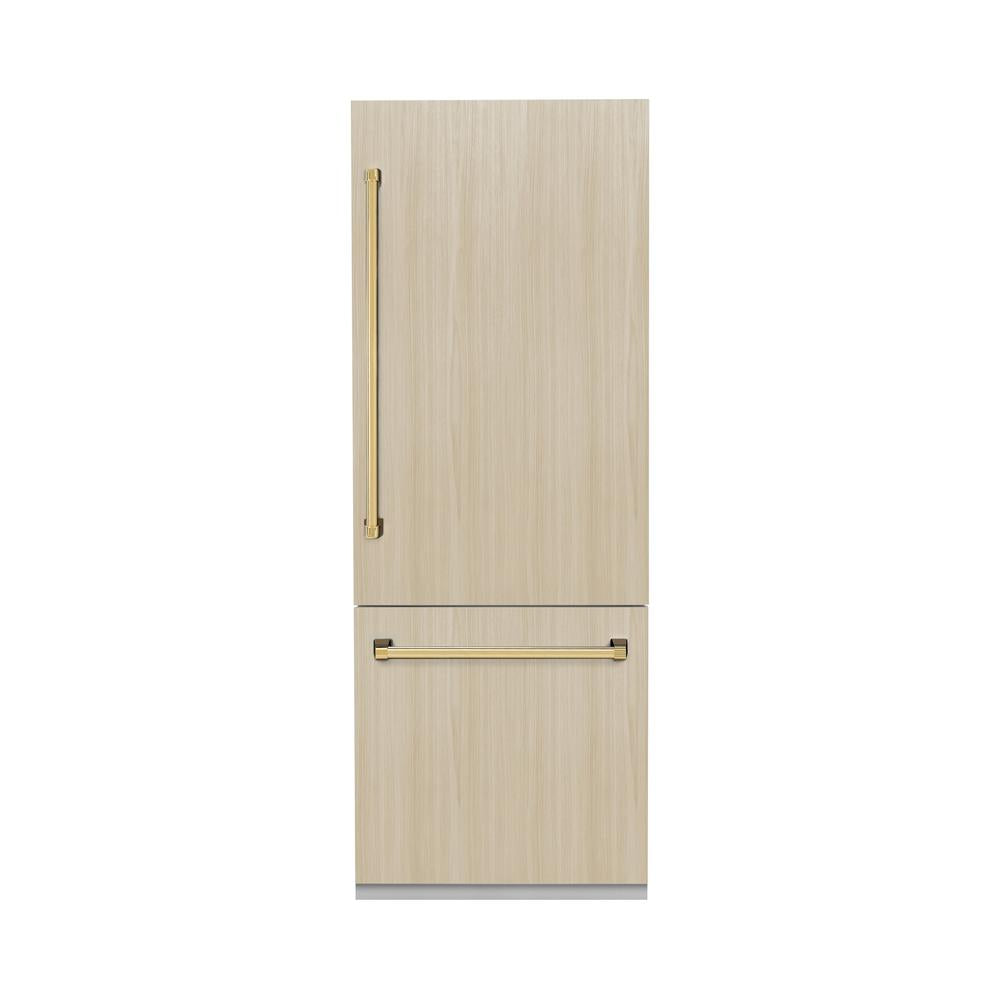 ZLINE Autograph Edition 30-inch refrigerator, panel ready with bright white interior and polished gold accents RBIVZ-30-G, front view
