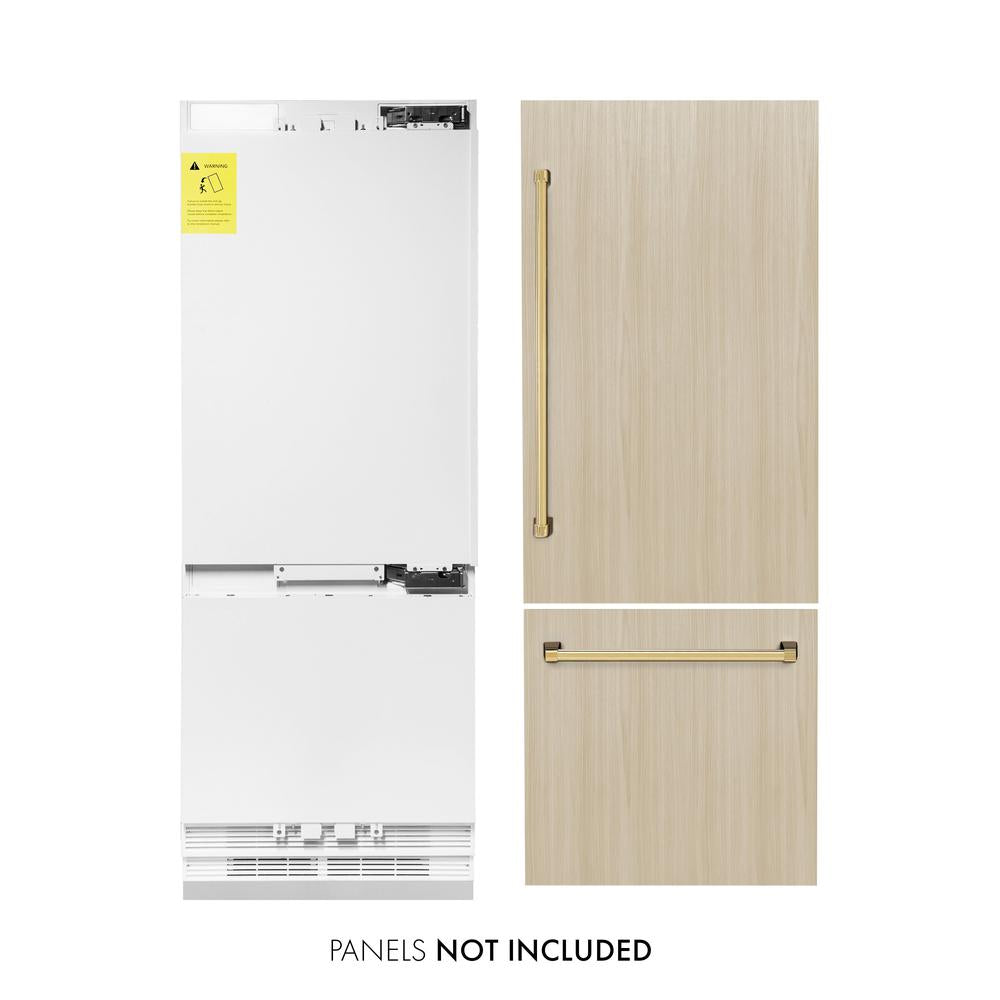 ZLINE Autograph Edition 30-inch refrigerator, panel ready with bright white interior and polished gold accents RBIVZ-30-G