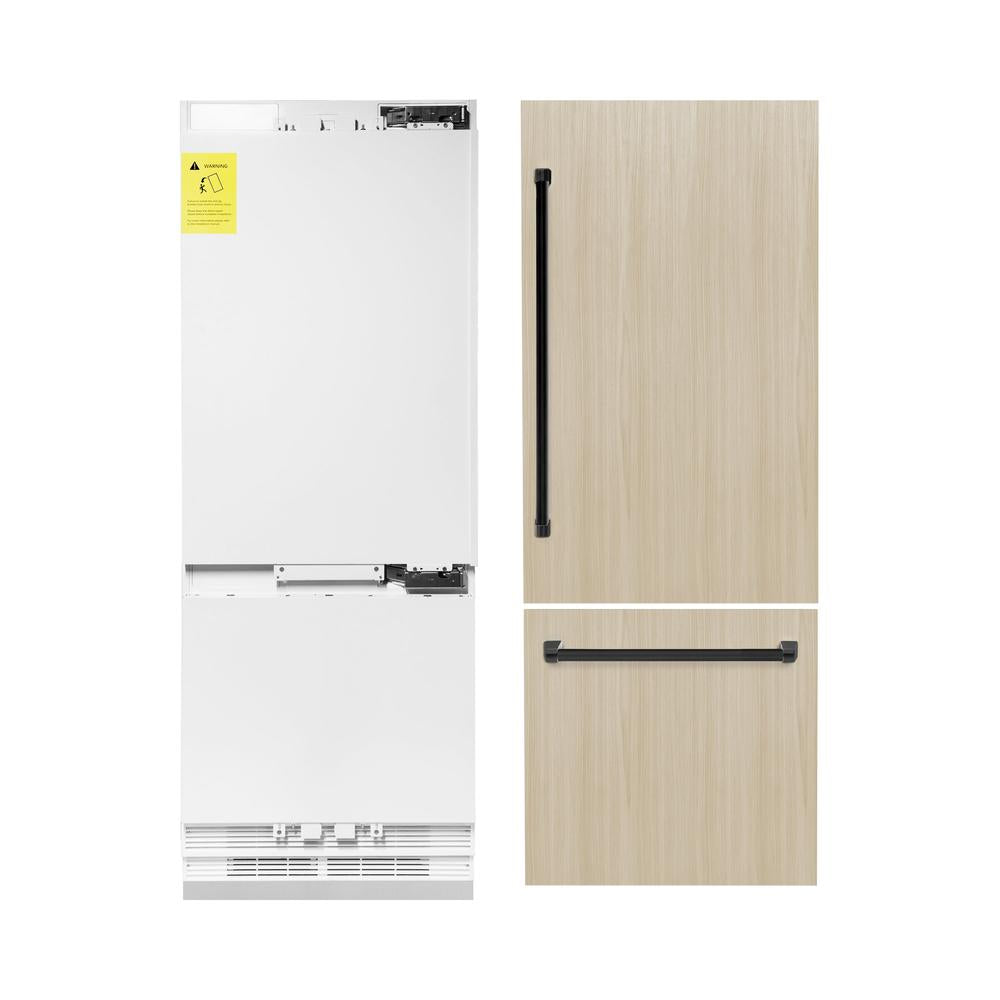 ZLINE Autograph Edition 30-inch refrigerator, panel ready with bright white interior and matte black accents RBIVZ-30-MB, front view