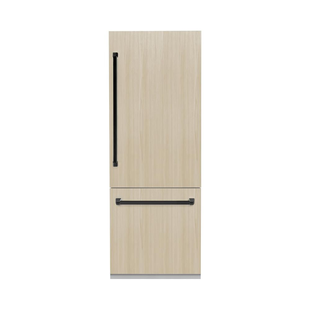 ZLINE Autograph Edition 30-inch refrigerator, panel ready with bright white interior and matte black accents RBIVZ-30-MB, front view