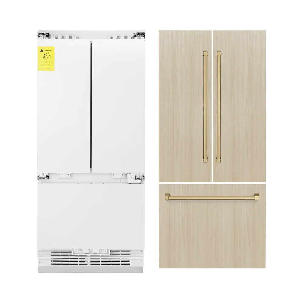 ZLINE Autograph Edition 36-inch refrigerator, panel ready with bright white interior and champagne bronze accents RBIVZ-36-CB, front view