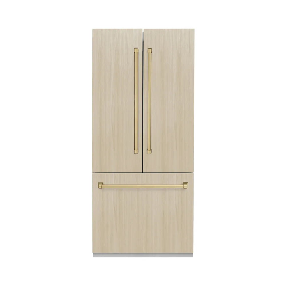 ZLINE Autograph Edition 36-inch refrigerator, panel ready with bright white interior and champagne bronze accents RBIVZ-36-CB, front view