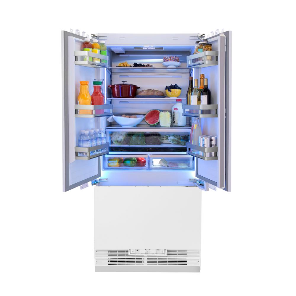 ZLINE Autograph Edition 36-inch refrigerator, panel ready with bright white interior and polished gold accents RBIVZ-36-G, front view
