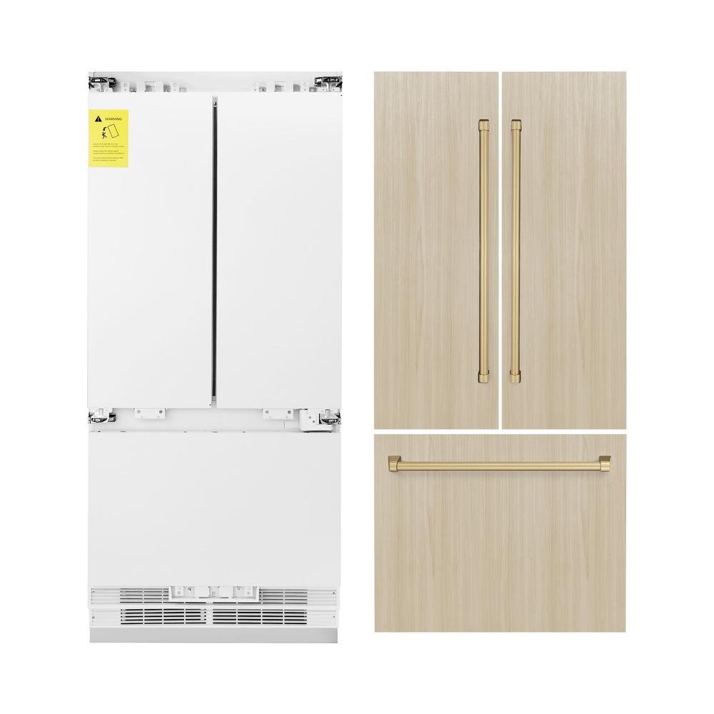 ZLINE Autograph Edition 36-inch refrigerator, panel ready with bright white interior and polished gold accents RBIVZ-36-G, front view