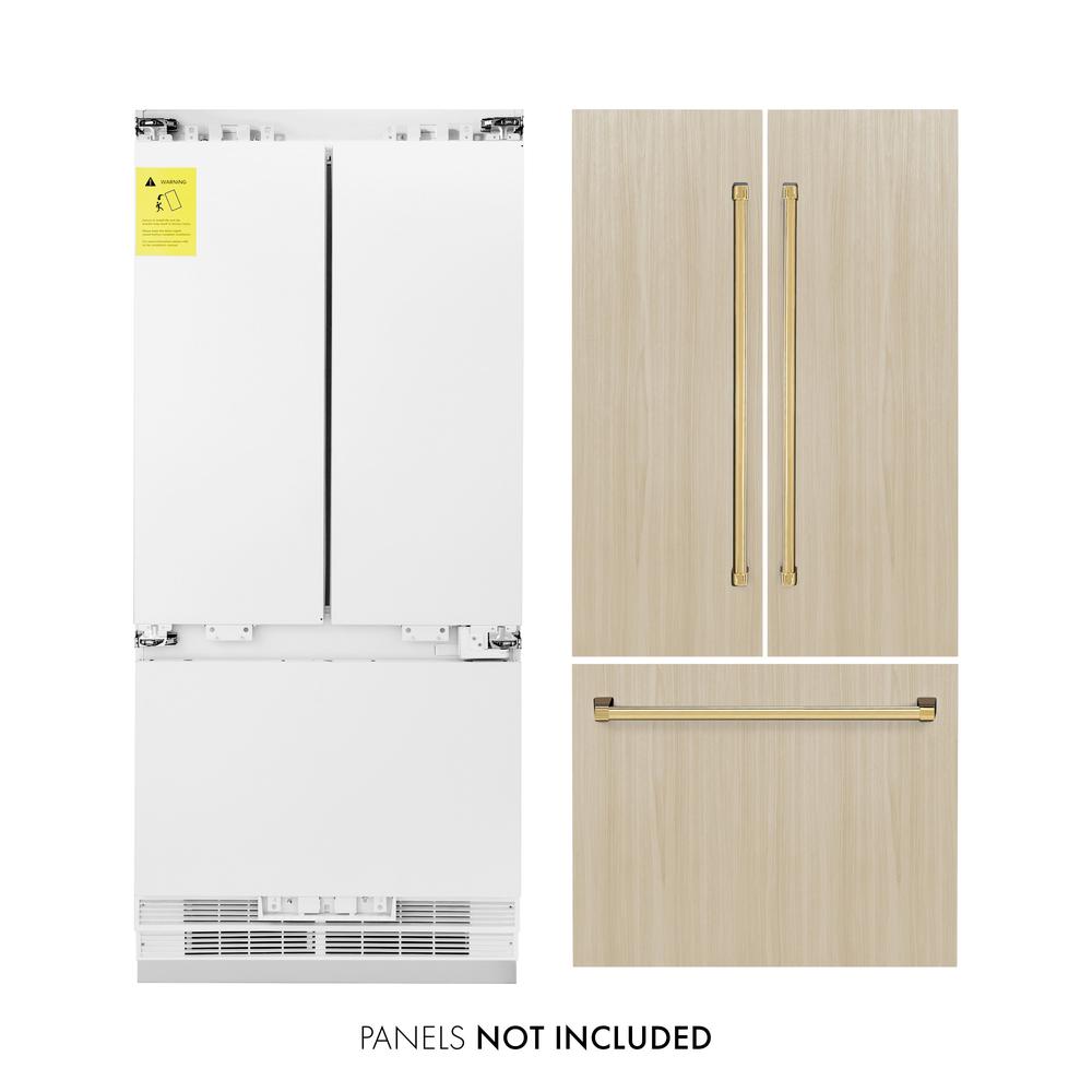 ZLINE Autograph Edition 36-inch refrigerator, panel ready with bright white interior and polished gold accents RBIVZ-36-G