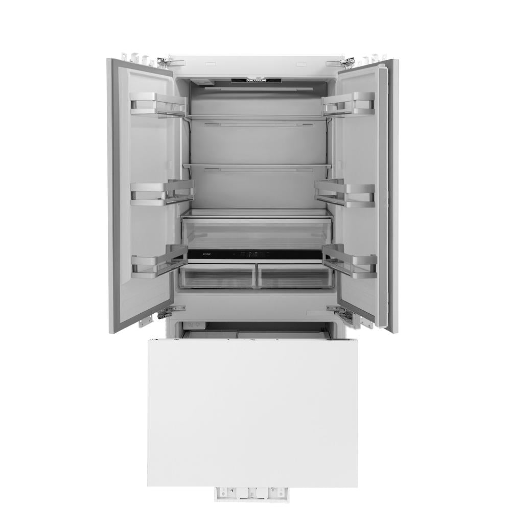ZLINE Autograph Edition 36-inch refrigerator, panel ready with bright white interior and matte black accents RBIVZ-36-MB, front view