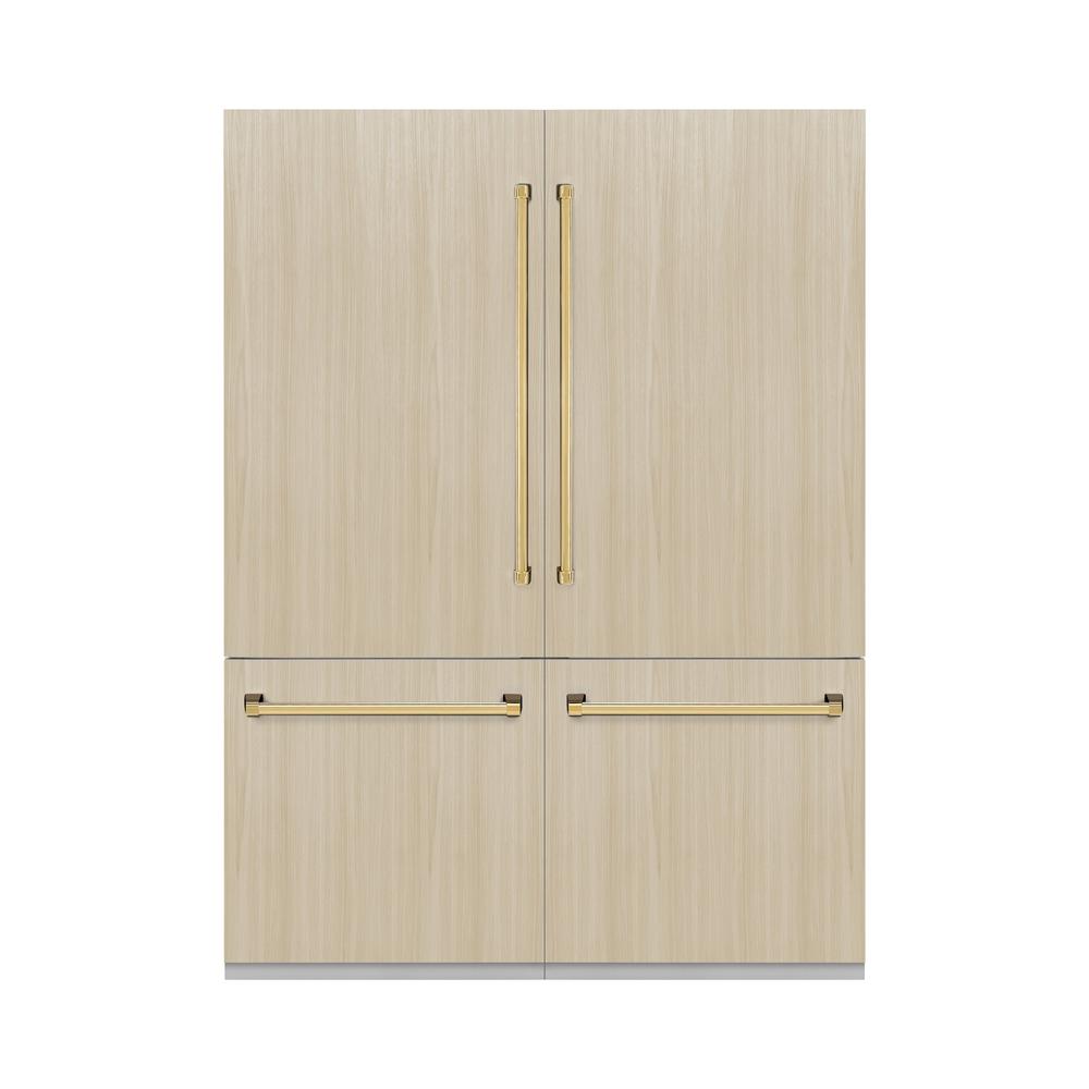 ZLINE Autograph Edition 60-inch refrigerator, panel ready with bright white interior and polished gold accents RBIVZ-60-G, front view