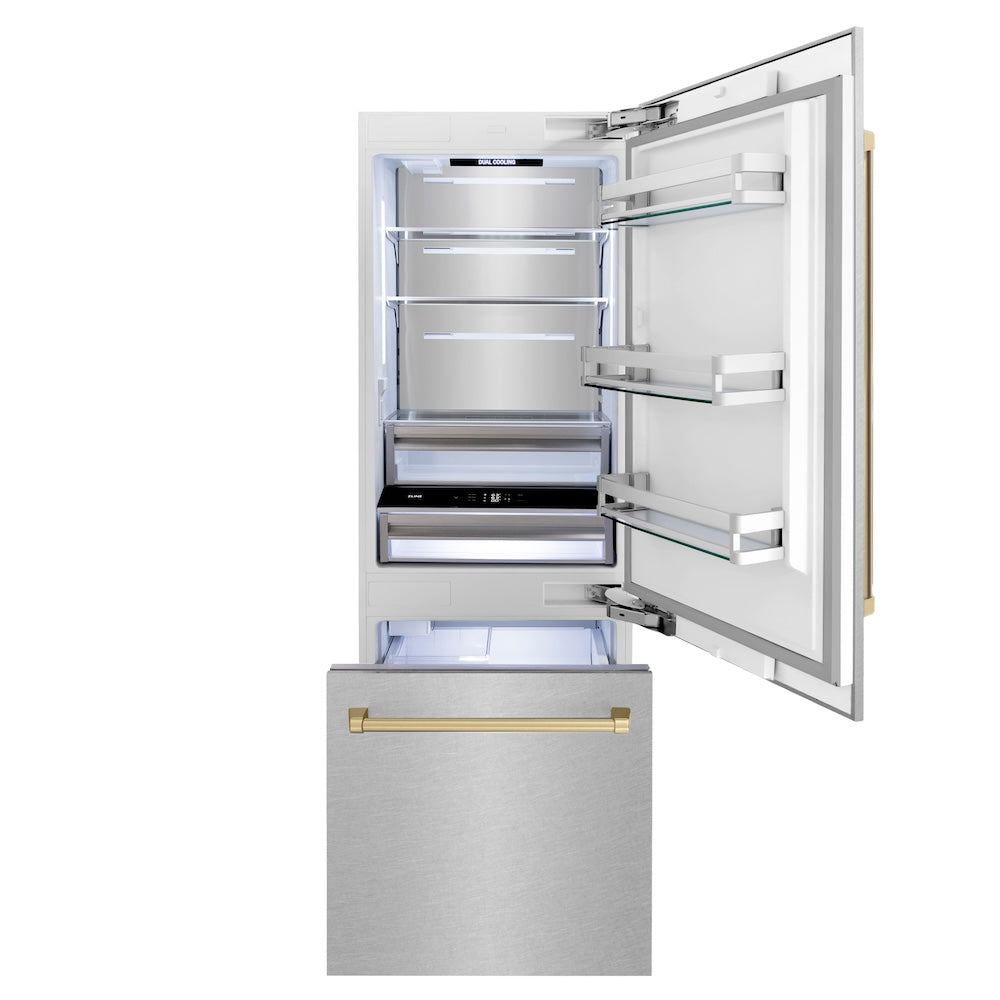 ZLINE Autograph Edition 30-inch refrigerator in satin stainless steel with bright white interior and champagne bronze accents RBIVZ-SN-30-CB, front view
