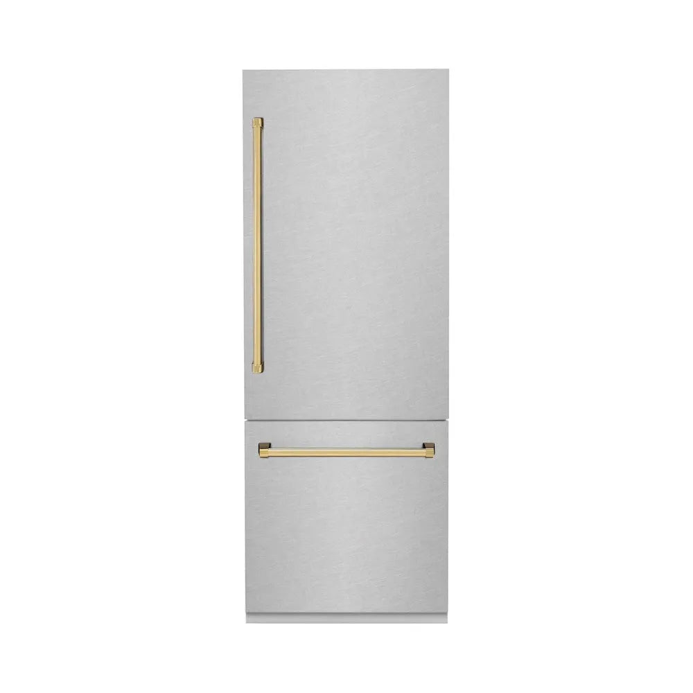 ZLINE Autograph Edition 30-inch refrigerator in satin stainless steel with bright white interior and polished gold accents RBIVZ-SN-30-G