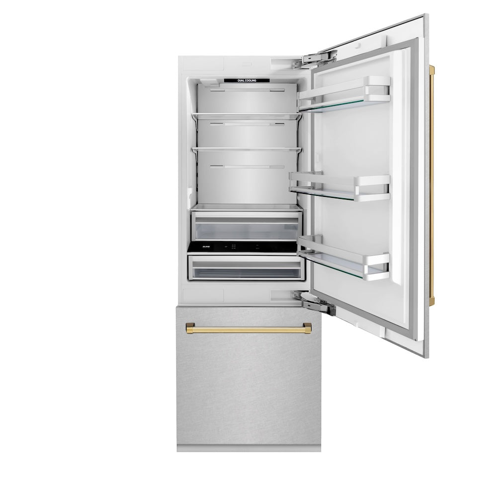ZLINE Autograph Edition 30-inch refrigerator in satin stainless steel with bright white interior and polished gold accents RBIVZ-SN-30-G, front view