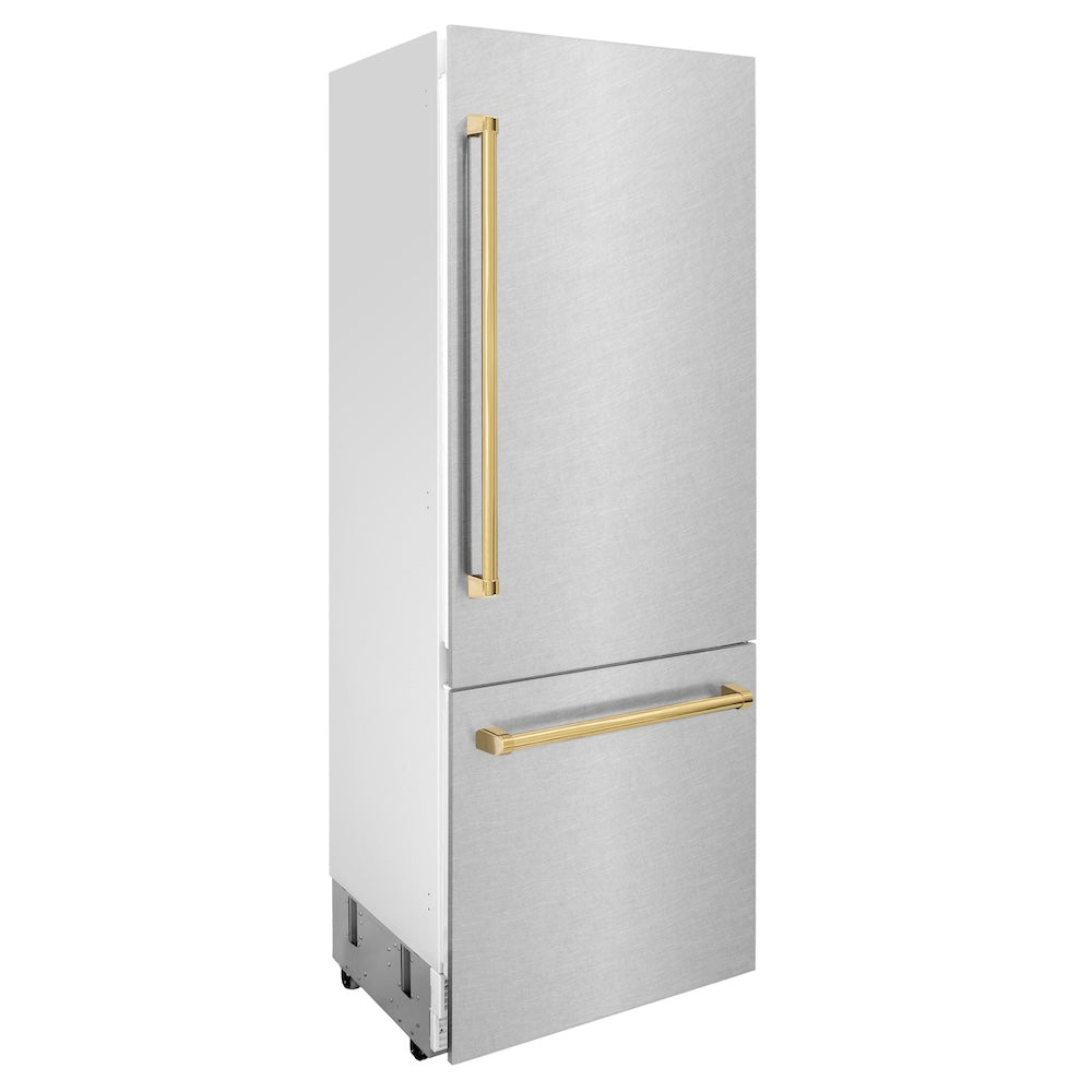 ZLINE Autograph Edition 30-inch refrigerator in satin stainless steel with bright white interior and polished gold accents RBIVZ-SN-30-G, side view