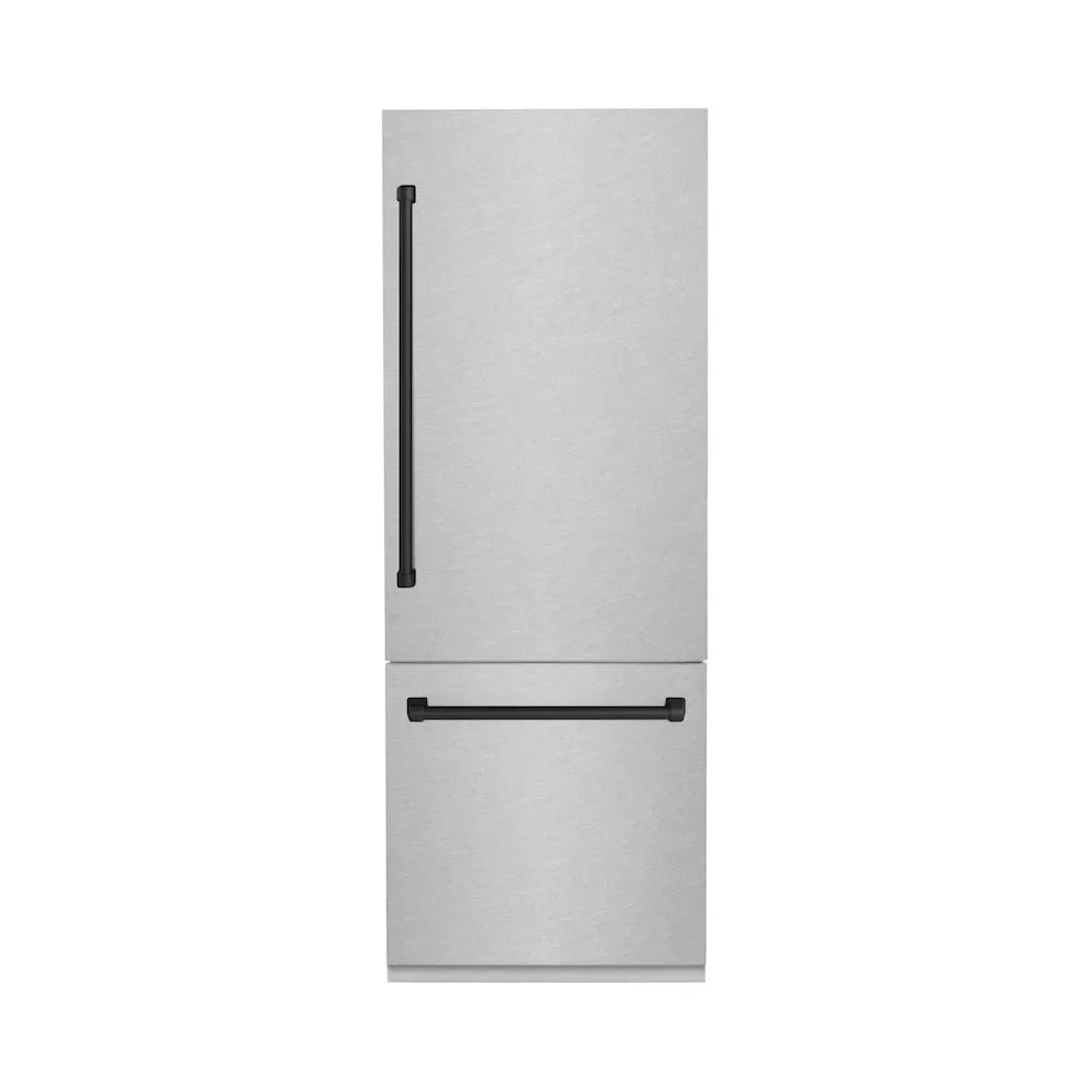 ZLINE Autograph Edition 30-inch refrigerator in satin stainless steel with bright white interior and matte black accents RBIVZ-SN-30-MB