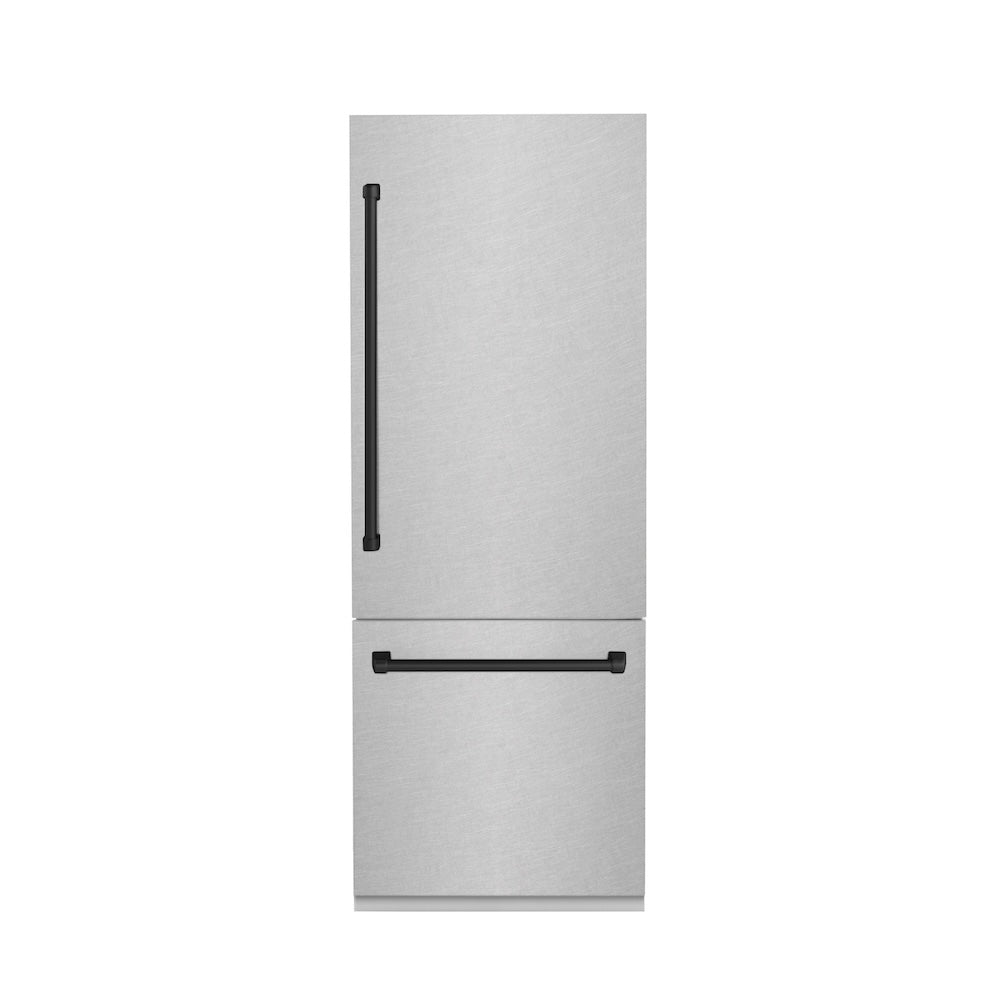 ZLINE Autograph Edition 30-inch refrigerator in satin stainless steel with bright white interior and matte black accents RBIVZ-SN-30-MB, front view