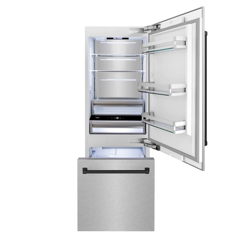 ZLINE Autograph Edition 30-inch refrigerator in satin stainless steel with bright white interior and matte black accents RBIVZ-SN-30-MB, front view