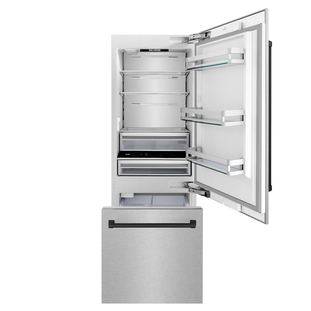ZLINE Autograph Edition 30-inch refrigerator in satin stainless steel with bright white interior and matte black accents RBIVZ-SN-30-MB, front view