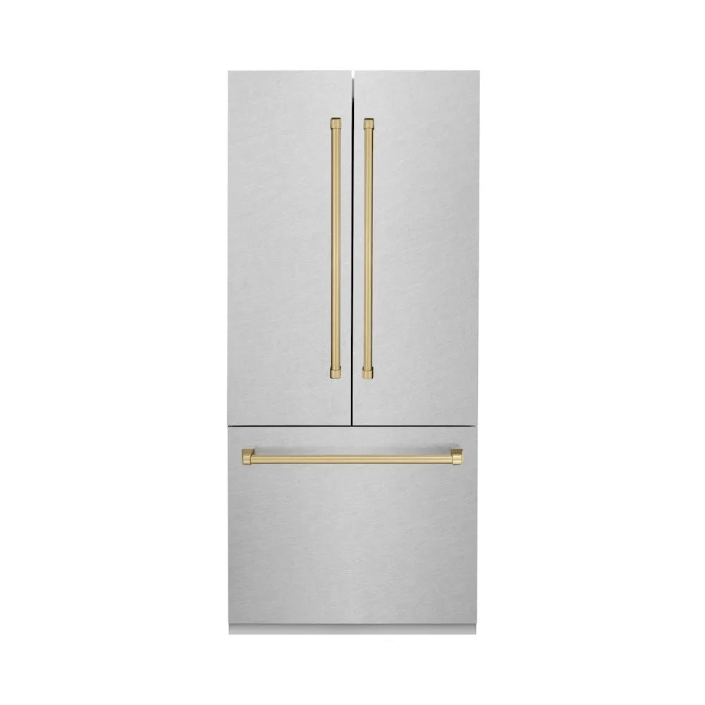 ZLINE Autograph Edition 36-inch refrigerator in satin stainless steel with bright white interior and champagne bronze accents RBIVZ-SN-36-CB