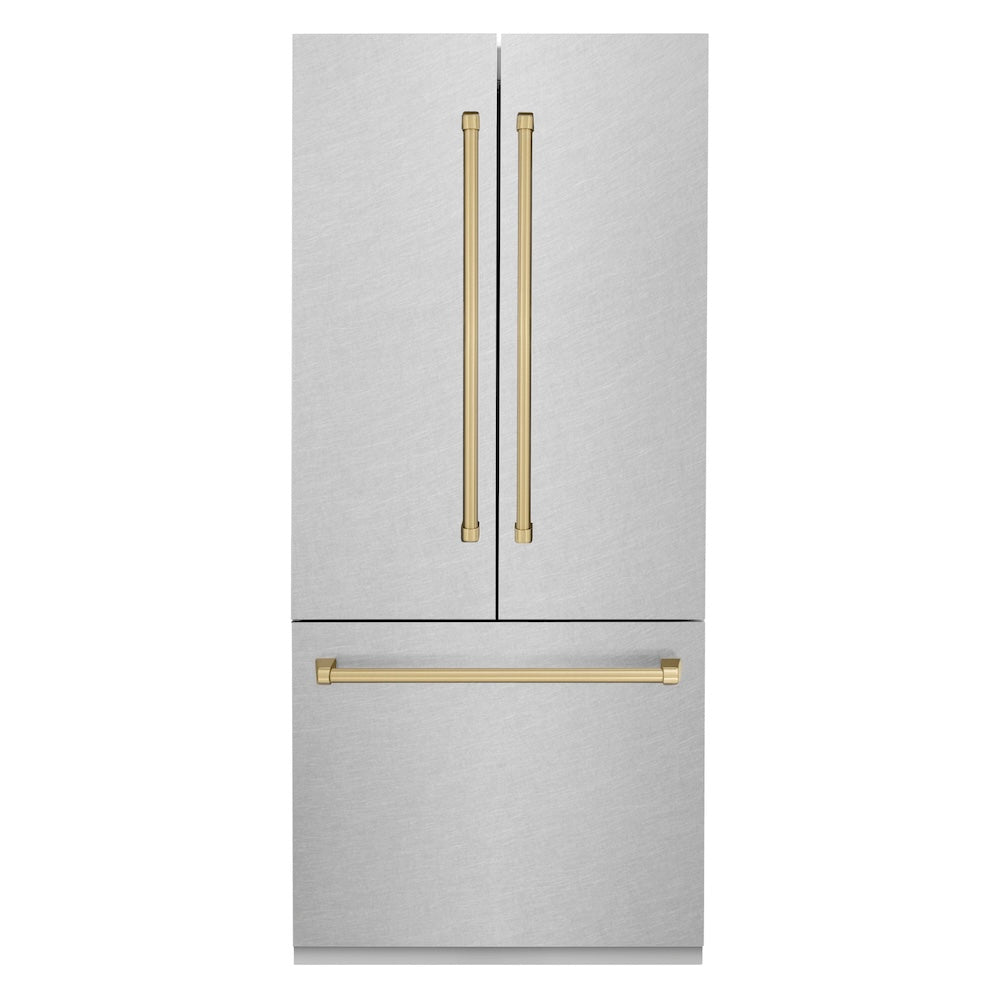 ZLINE Autograph Edition 36-inch refrigerator in satin stainless steel with bright white interior and champagne bronze accents RBIVZ-SN-36-CB, front view