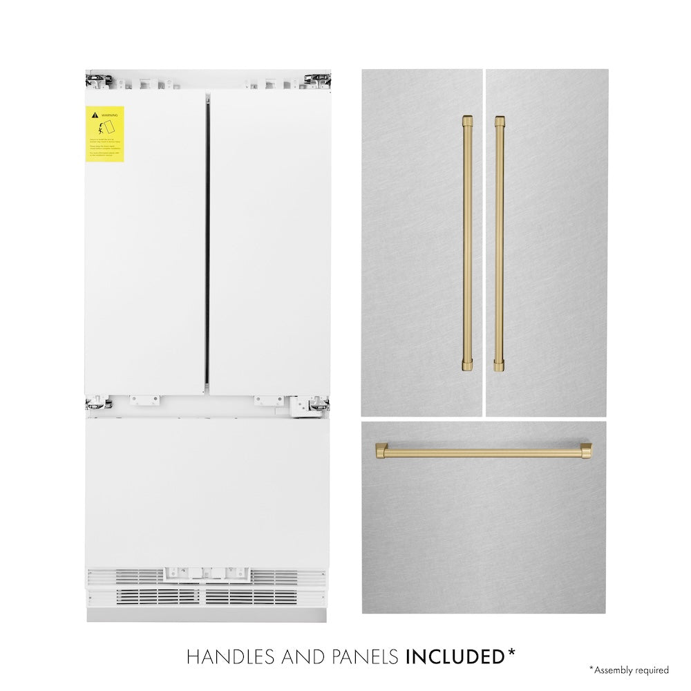 ZLINE Autograph Edition 36-inch refrigerator in satin stainless steel with bright white interior and champagne bronze accents RBIVZ-SN-36-CB, front view