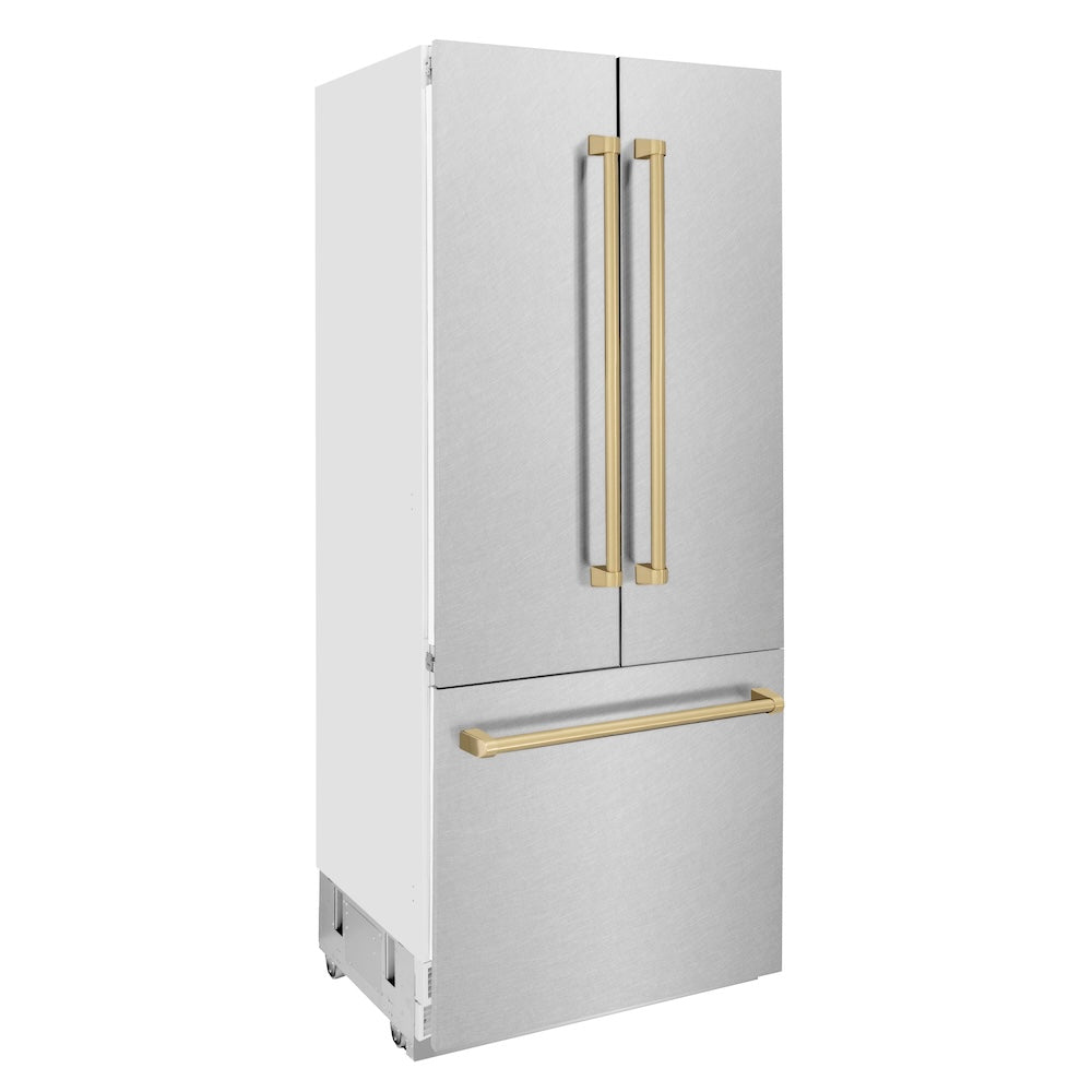 ZLINE Autograph Edition 36-inch refrigerator in satin stainless steel with bright white interior and champagne bronze accents RBIVZ-SN-36-CB, side view