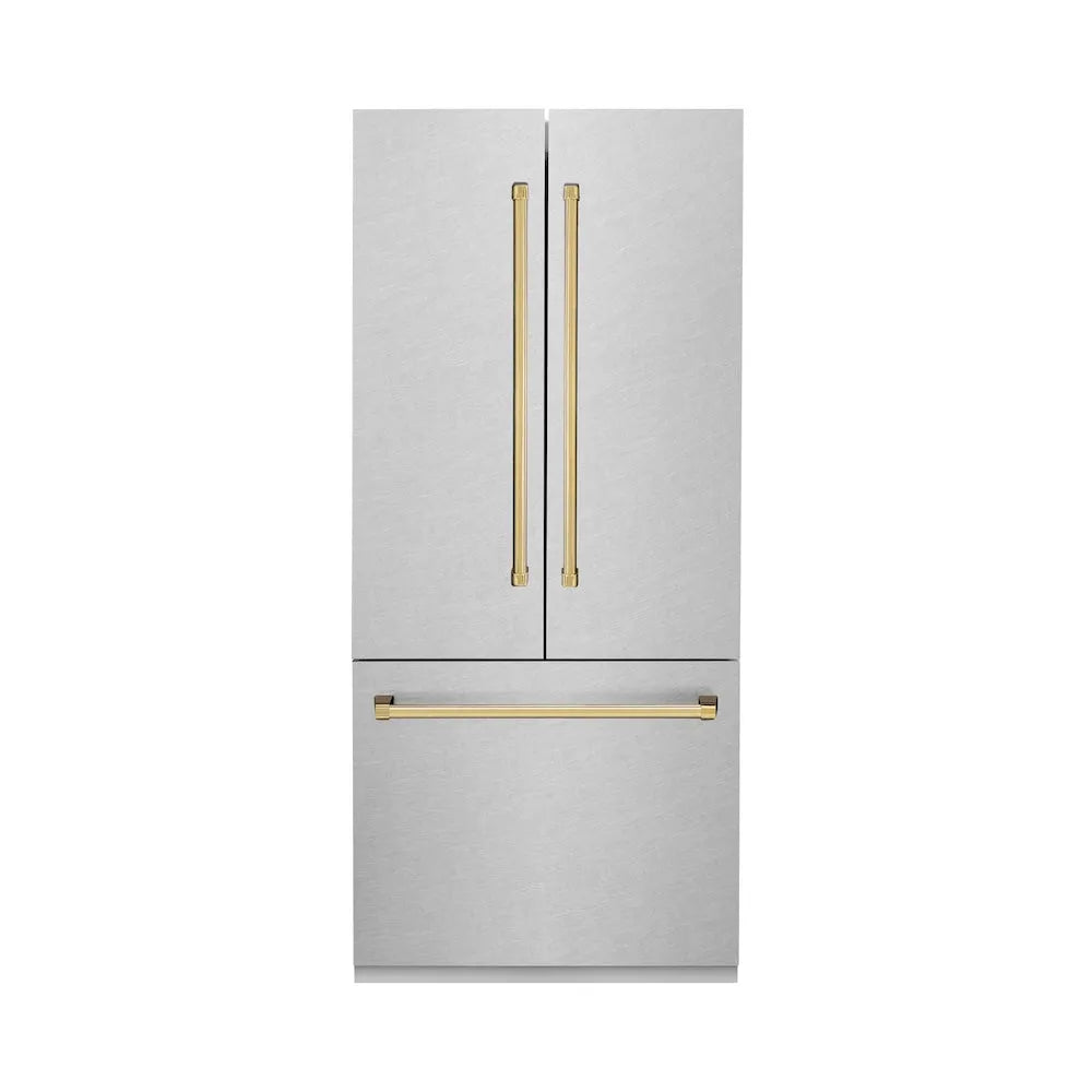 ZLINE Autograph Edition 36-inch refrigerator in satin stainless steel with bright white interior and polished gold accents RBIVZ-SN-36-G