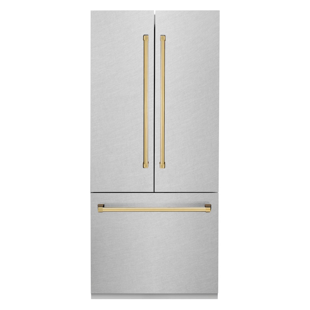 ZLINE Autograph Edition 36-inch refrigerator in satin stainless steel with bright white interior and polished gold accents RBIVZ-SN-36-G, front view