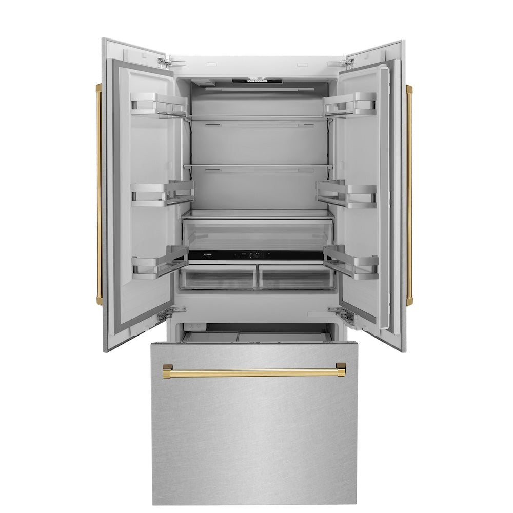ZLINE Autograph Edition 36-inch refrigerator in satin stainless steel with bright white interior and polished gold accents RBIVZ-SN-36-G, front view