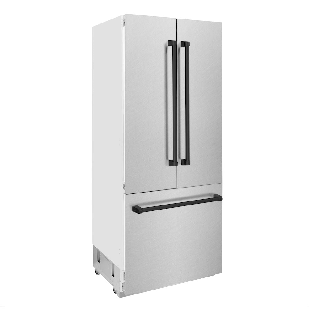 ZLINE Autograph Edition 36-inch refrigerator in satin stainless steel with bright white interior and matte black accents RBIVZ-SN-36-MB, side view