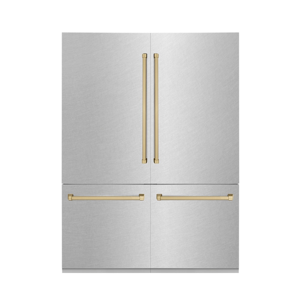 ZLINE Autograph Edition 60-inch refrigerator in satin stainless steel with bright white interior and champagne bronze accents RBIVZ-SN-60-CB, front view