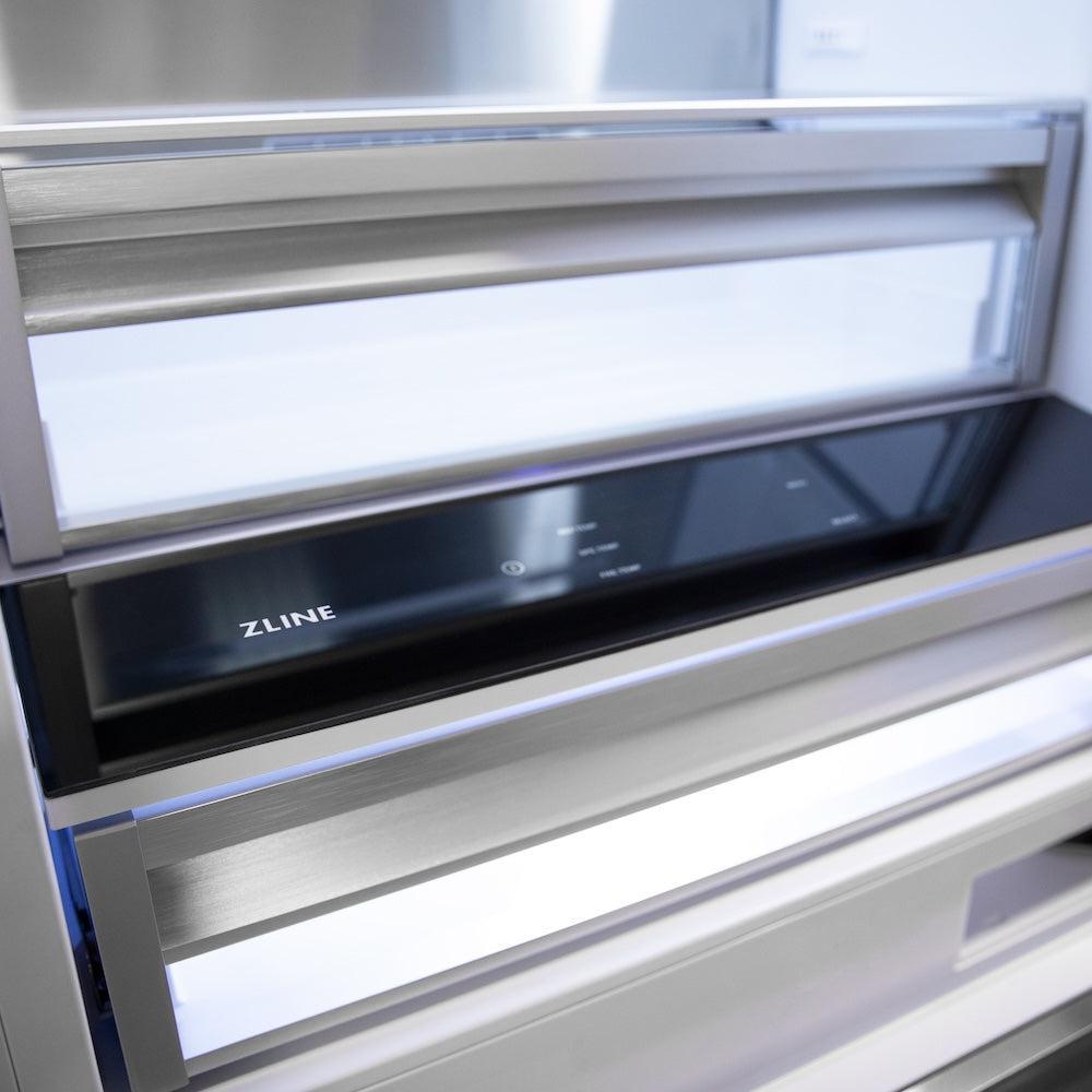 ZLINE Autograph Edition 60-inch refrigerator in satin stainless steel with bright white interior and polished gold accents RBIVZ-SN-60-G, detail
