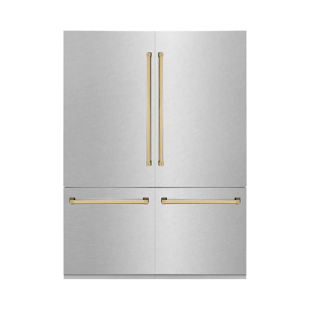 ZLINE Autograph Edition 60-inch refrigerator in satin stainless steel with bright white interior and polished gold accents RBIVZ-SN-60-G