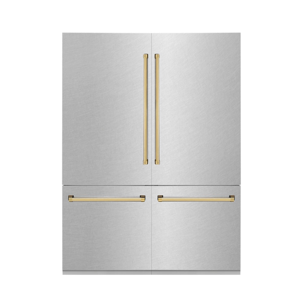 ZLINE Autograph Edition 60-inch refrigerator in satin stainless steel with bright white interior and polished gold accents RBIVZ-SN-60-G, front view