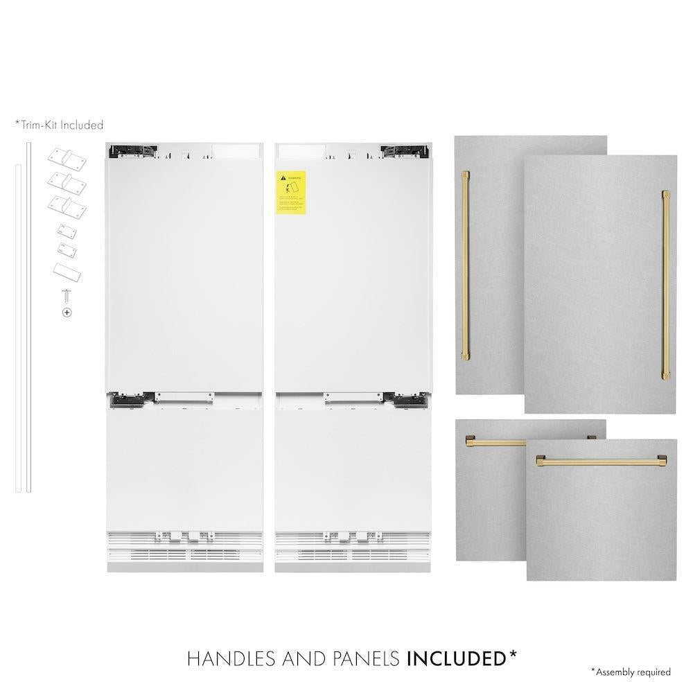 ZLINE Autograph Edition 60-inch refrigerator in satin stainless steel with bright white interior and polished gold accents RBIVZ-SN-60-G, front view