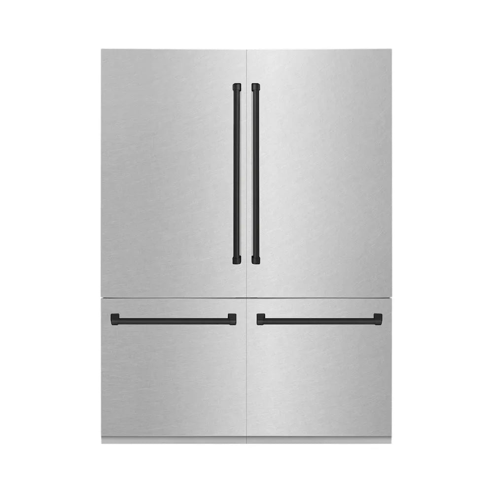 ZLINE Autograph Edition 60-inch refrigerator in satin stainless steel with bright white interior and matte black accents RBIVZ-SN-60-MB