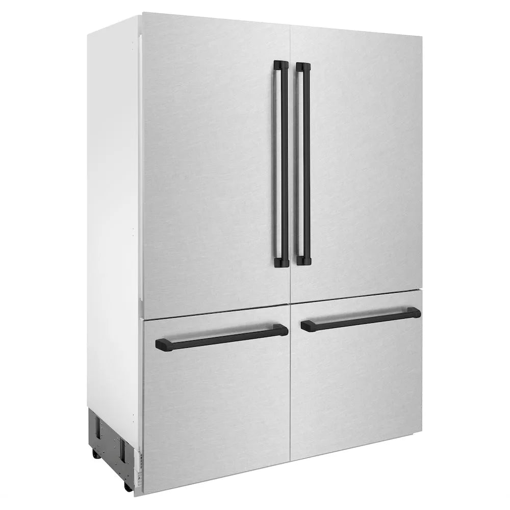 ZLINE Autograph Edition 60-inch refrigerator in satin stainless steel with bright white interior and matte black accents RBIVZ-SN-60-MB, side view