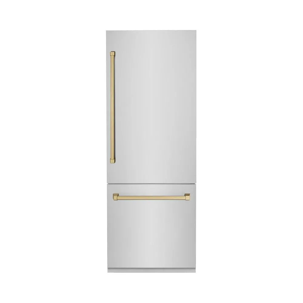 ZLINE Autograph Edition 30-inch refrigerator in stainless steel with bright white interior and champagne bronze accents RBIVZ-304-30-CB