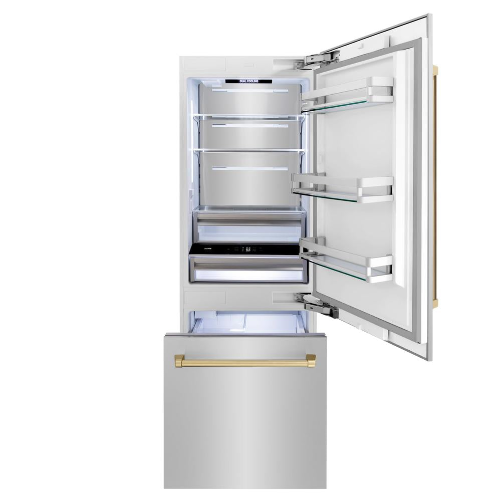 ZLINE Autograph Edition 30-inch refrigerator in stainless steel with bright white interior and champagne bronze accents RBIVZ-304-30-CB, front view