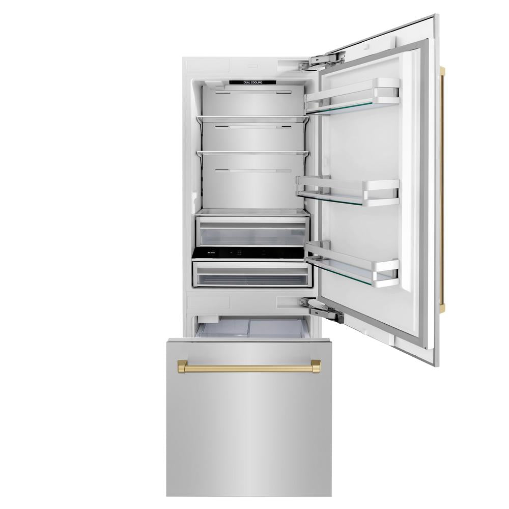 ZLINE Autograph Edition 30-inch refrigerator in stainless steel with bright white interior and champagne bronze accents RBIVZ-304-30-CB, front view