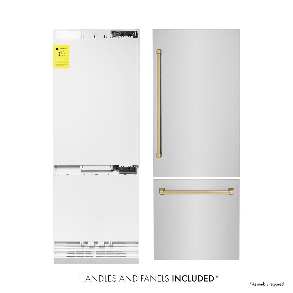 ZLINE Autograph Edition 30-inch refrigerator in stainless steel with bright white interior and champagne bronze accents RBIVZ-304-30-CB, front view