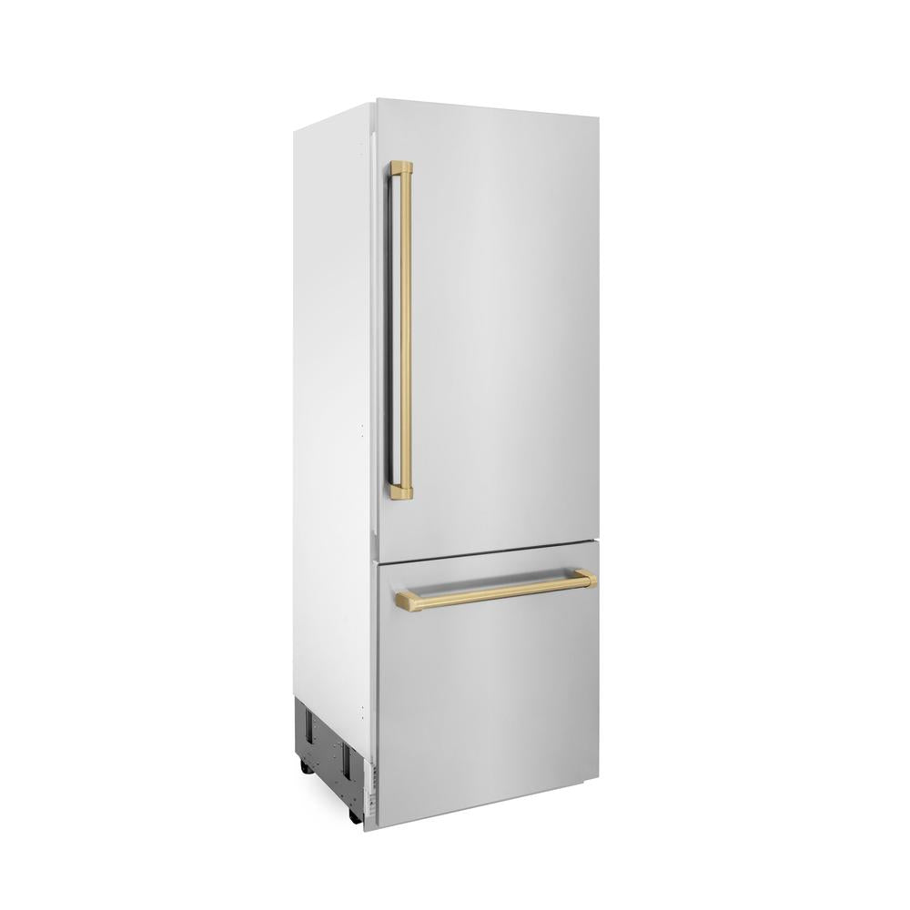 ZLINE Autograph Edition 30-inch refrigerator in stainless steel with bright white interior and champagne bronze accents RBIVZ-304-30-CB, side view