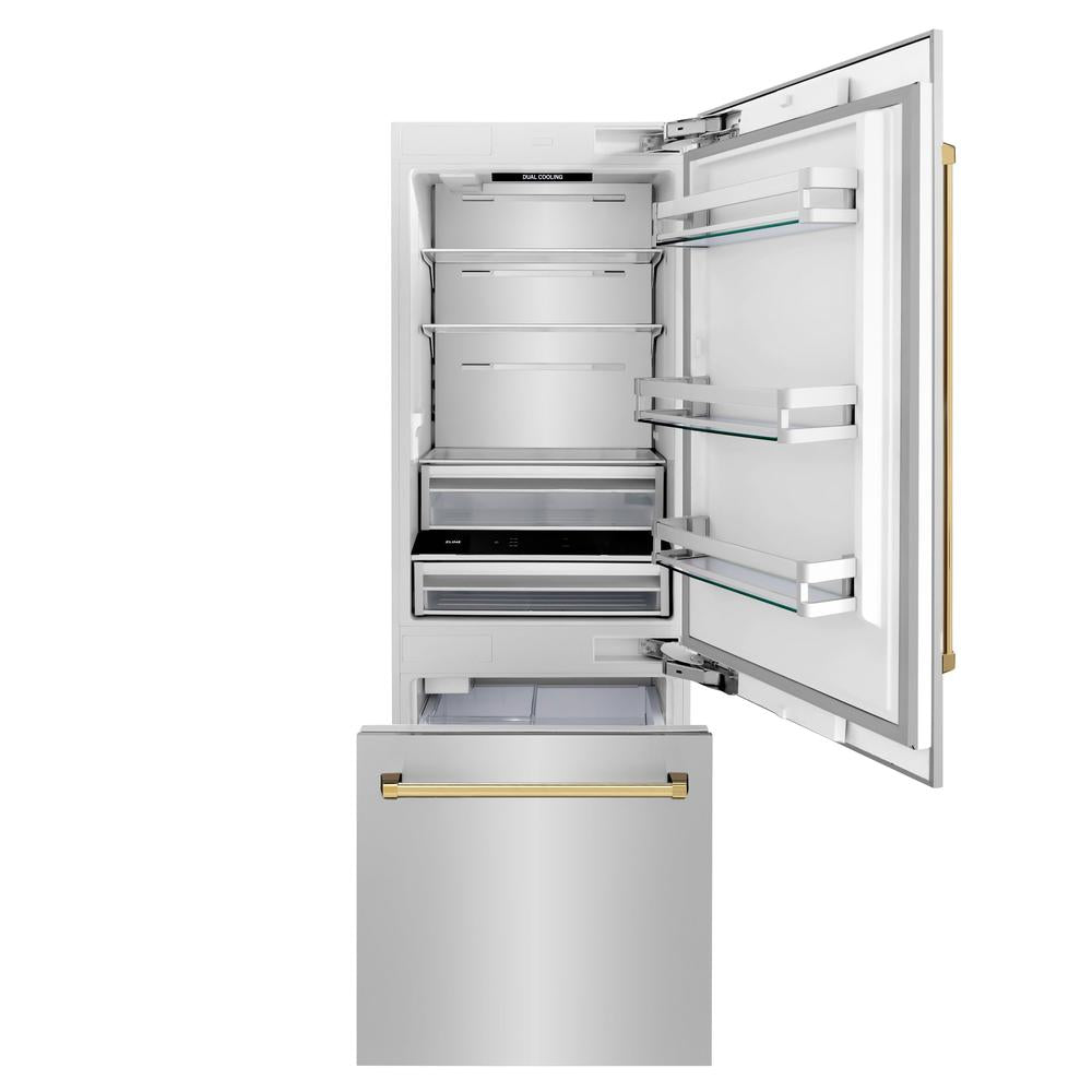 ZLINE Autograph Edition 30-inch refrigerator in stainless steel with bright white interior and polished gold accents RBIVZ-304-30-G, front view