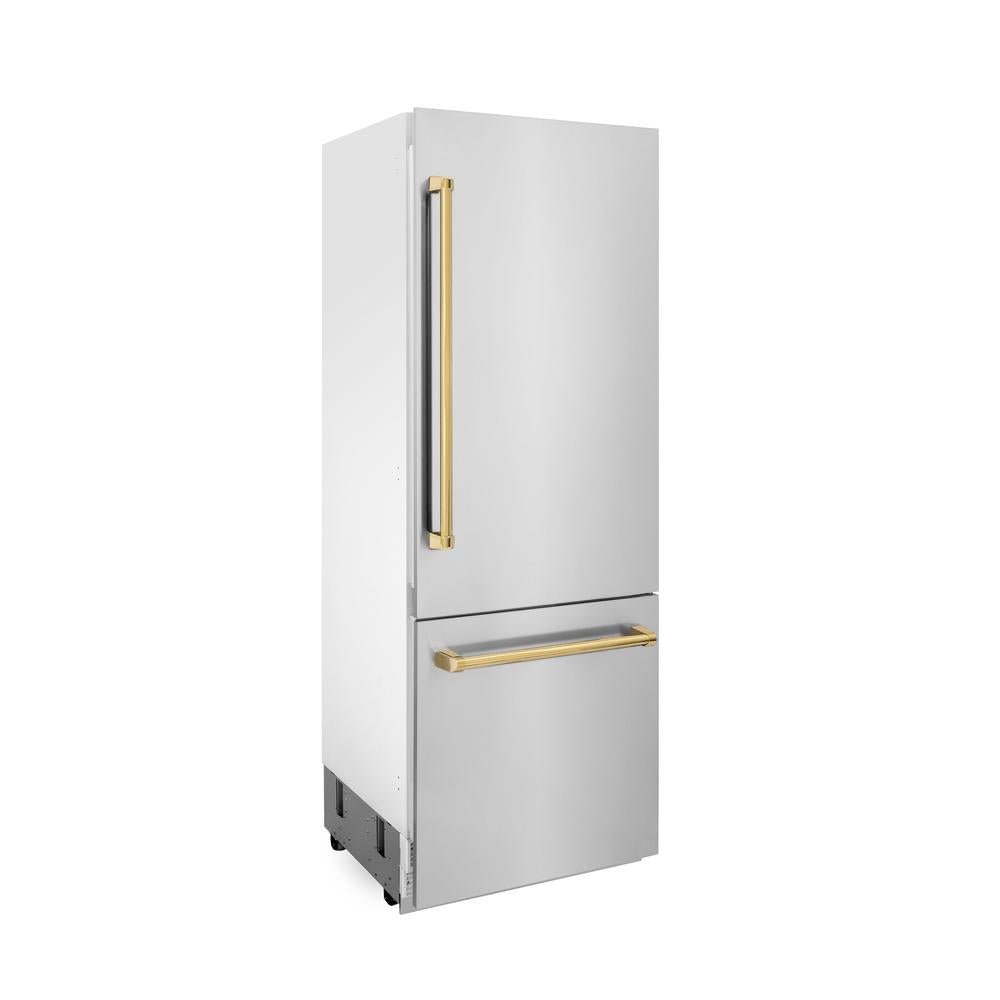 ZLINE Autograph Edition 30-inch refrigerator in stainless steel with bright white interior and polished gold accents RBIVZ-304-30-G, side view