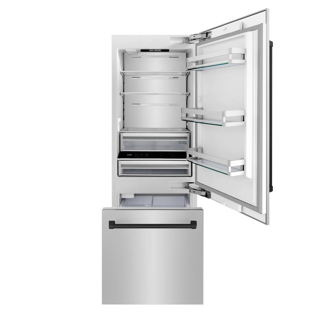 ZLINE Autograph Edition 30-inch refrigerator in stainless steel with bright white interior and matte black accents RBIVZ-304-30-MB, front view