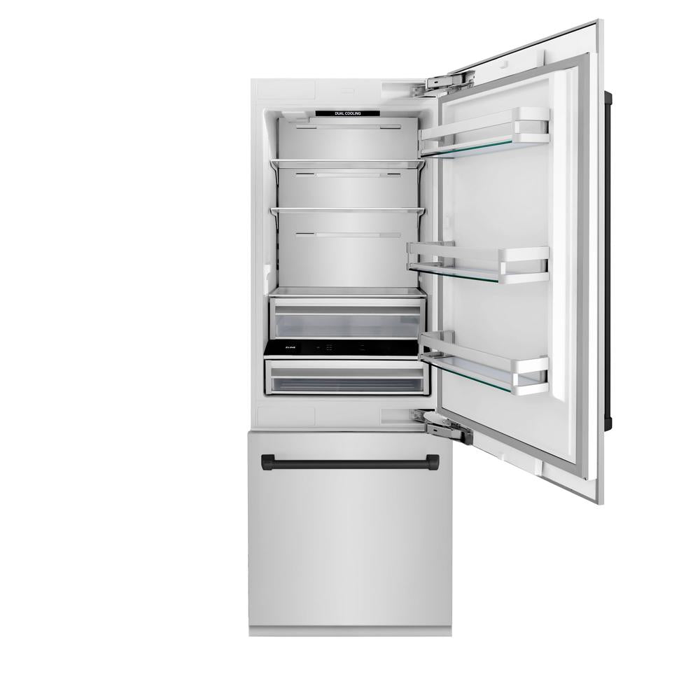 ZLINE Autograph Edition 30-inch refrigerator in stainless steel with bright white interior and matte black accents RBIVZ-304-30-MB, front view