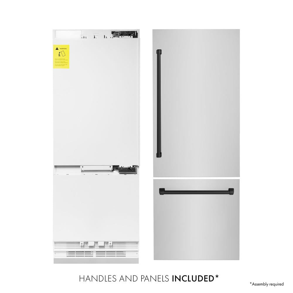 ZLINE Autograph Edition 30-inch refrigerator in stainless steel with bright white interior and matte black accents RBIVZ-304-30-MB, front view