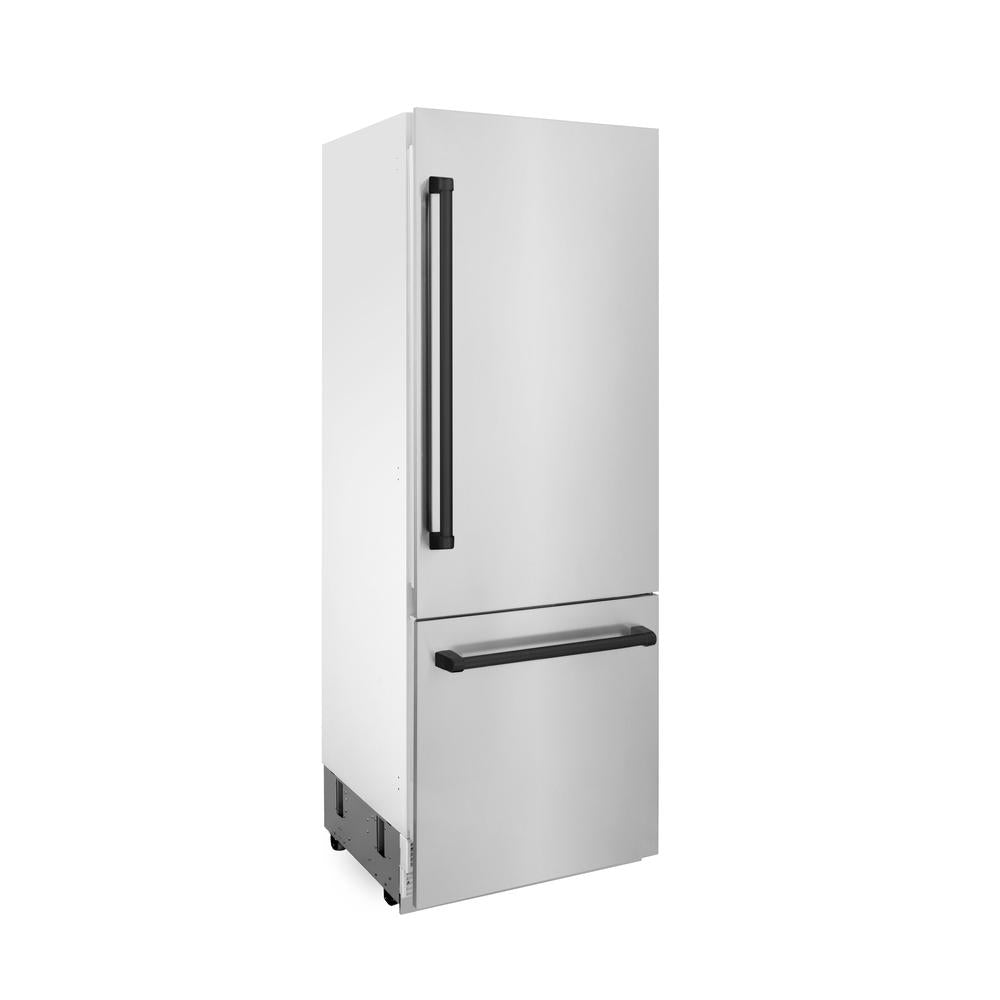 ZLINE Autograph Edition 30-inch refrigerator in stainless steel with bright white interior and matte black accents RBIVZ-304-30-MB, side view