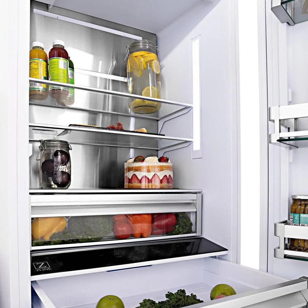 ZLINE Autograph Edition 36-inch refrigerator in stainless steel with bright white interior and champagne bronze accents RBIVZ-304-36-CB, detail