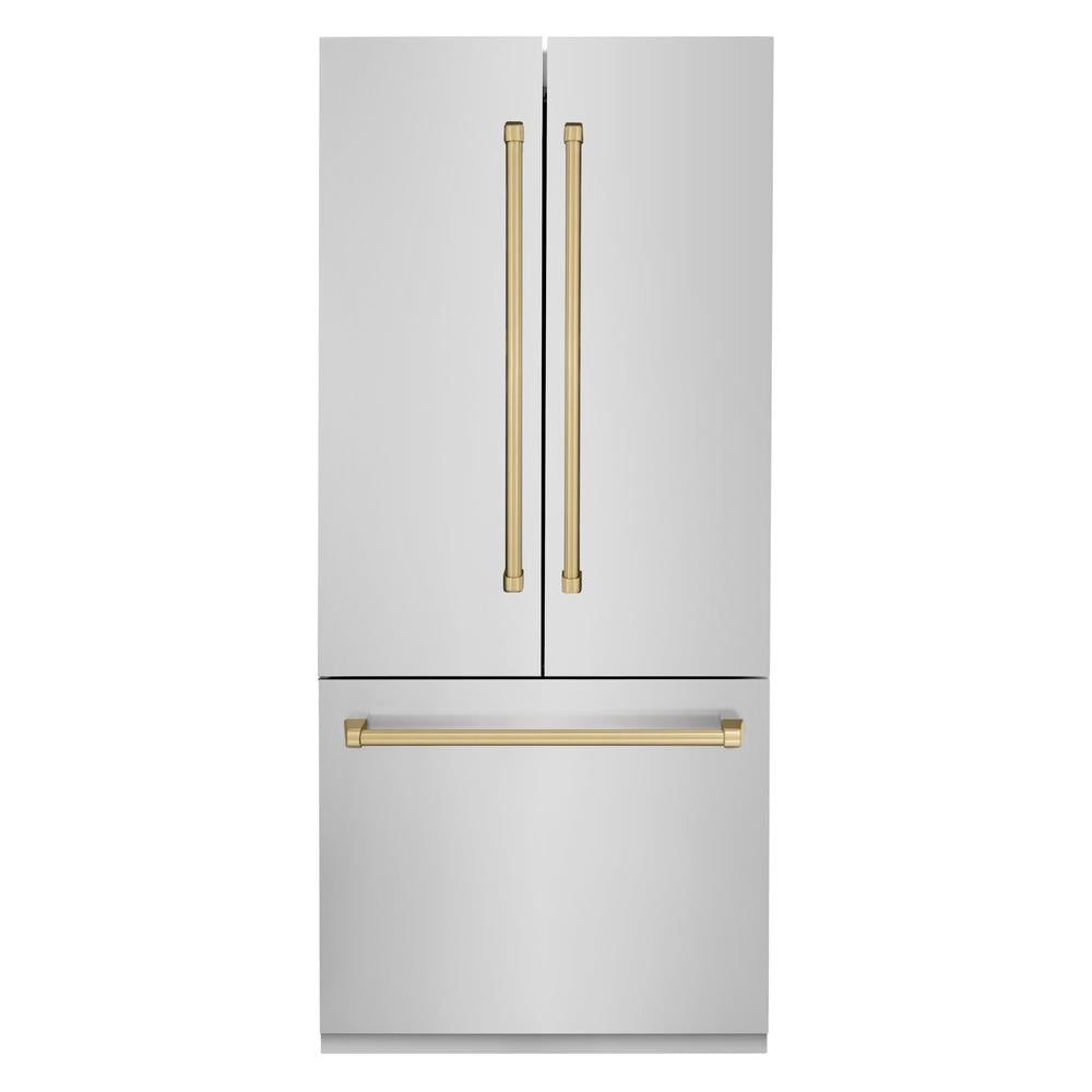 ZLINE Autograph Edition 36-inch refrigerator in stainless steel with bright white interior and champagne bronze accents RBIVZ-304-36-CB, front view