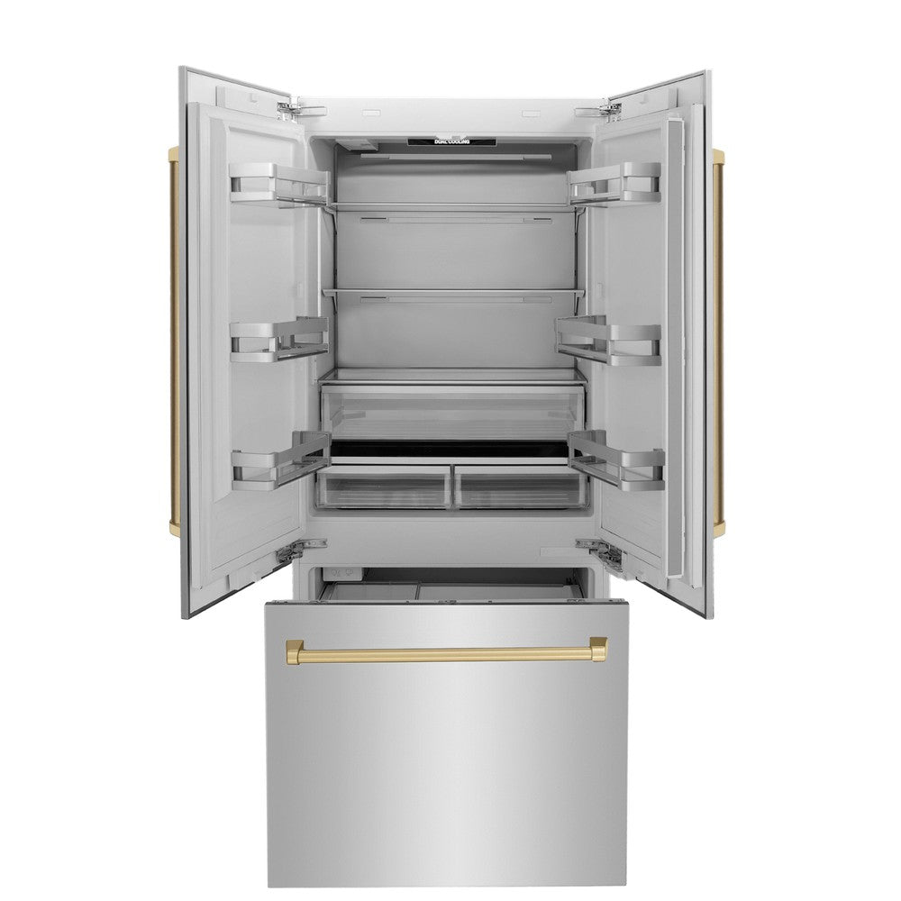 ZLINE Autograph Edition 36-inch refrigerator in stainless steel with bright white interior and champagne bronze accents RBIVZ-304-36-CB, front view